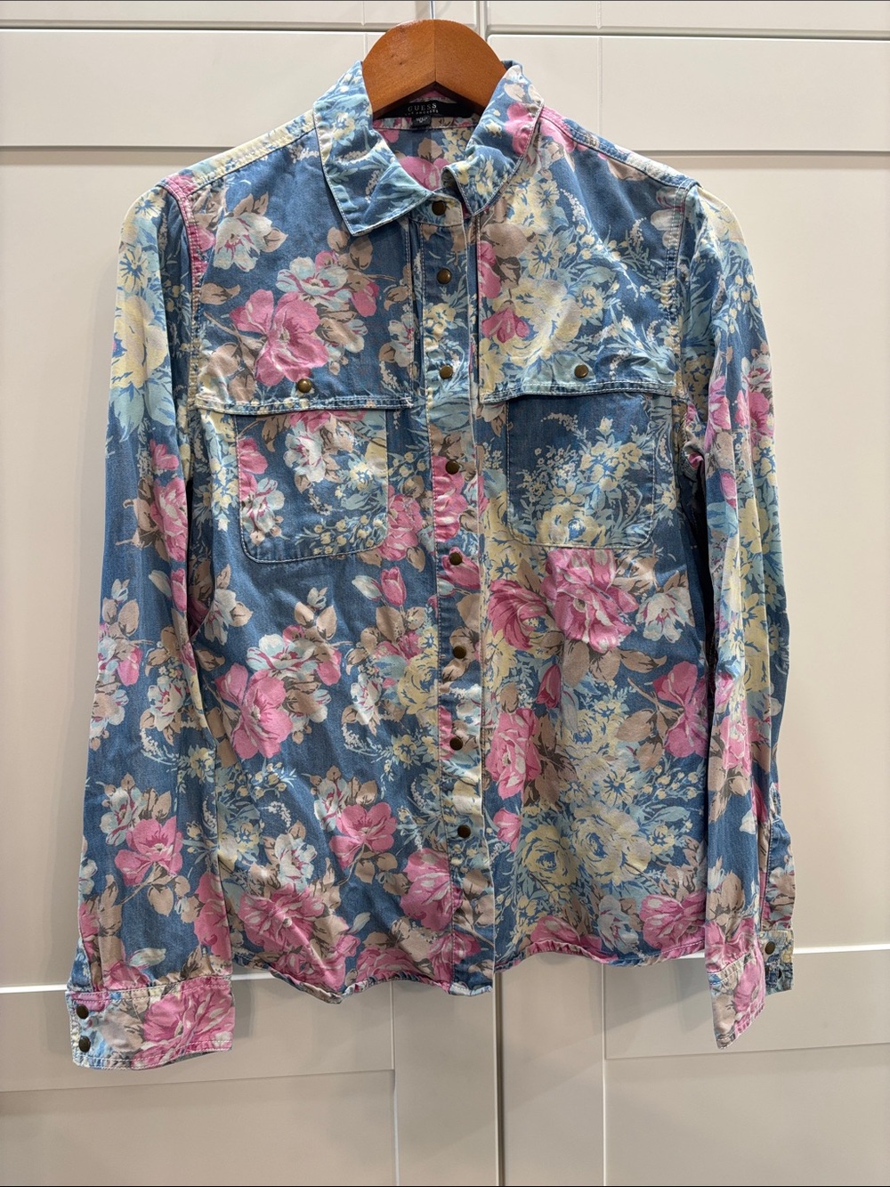 Guess Floral Button-Up Shirt — Blue, Pink & Cream